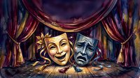 Golden and silver theatrical masks representing comedy and tragedy sit beneath draped burgundy curtains on a stage, symbolizing performing arts and drama.
