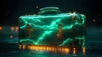 Glowing turquoise briefcase with electric lightning effect against dark background, mysterious atmosphere with golden light reflections and bokeh elements.
