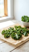 Fresh kale chips with sea salt on parchment paper in bright kitchen setting for healthy snacking and clean eating lifestyle.