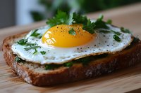 Sunny side up egg on rustic bread toast garnished with fresh parsley and black pepper, served on wooden cutting board for breakfast or brunch menu photography.