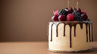 Decadent cream cake topped with chocolate drip and fresh berries including raspberries, blackberries and cherries on brown background, dessert photography.