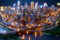 Illuminated modern cityscape with glowing skyscrapers and highway interchange at night, tilt-shift effect creates miniature look. Bokeh lights create magical atmosphere.
