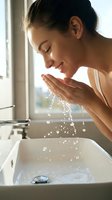 Young woman with dark hair and olive complexion rinsing her face with water at bathroom sink near window. Skincare and morning routine concept.