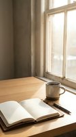 Minimalist workspace with open notebook, pen, and coffee mug on wooden desk by bright window with neutral curtains, ideal for creative work and productivity concepts.