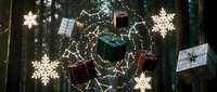 Festive Christmas wreath with colorful gift boxes and glowing snowflakes creates magical holiday atmosphere for seasonal decorations and winter celebrations.