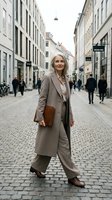 Confident mature blonde woman in elegant beige coat walking on cobblestone street in European city center with shopping bags and pedestrians in background.