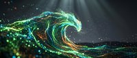 Abstract wave of glowing particles flowing in dynamic motion with green and teal light trails against dark background for technology and digital design projects.
