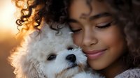 Young African American woman with curly hair embracing white fluffy dog during golden sunset, expressing tender connection and companionship in warm natural lighting.