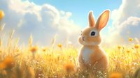 Adorable bunny sitting in golden wheat field at sunset, surrounded by delicate dandelions and wildflowers against soft cloudy sky. For greeting cards and spring designs.