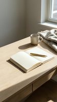 Minimalist workspace with open notebook, gold pen, and ceramic mug on light wood desk by window with natural sunlight and neutral decor for creative work and productivity concepts.