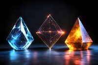Glowing geometric crystals in blue, red and orange colors on reflective surface against dark background, mystical energy concept for spiritual designs.