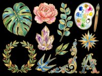 Watercolor clipart set with monstera leaf, peony, crystals, swallow, wreath, compass star, palette, and letter A, isolated on transparent background for stickers, t-shirts, print on demand.