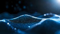 Glowing blue digital wave pattern with particle effects on dark background, flowing dynamic technology visualization for modern tech presentations and backgrounds.