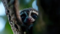 Curious sloth peeking from behind tree trunk in tropical forest habitat, showcasing its distinctive facial features and shy demeanor.