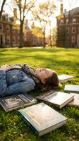 Young Caucasian female student relaxing on campus lawn with textbooks during golden hour sunset, peaceful college life and academic study break outdoors.