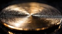 Close-up macro shot of bronze cymbal with circular grooves and textured metallic surface reflecting warm light, creating dramatic musical instrument detail.