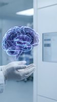 Medical professional holding glowing purple brain hologram in modern hospital laboratory for neuroscience research and healthcare technology applications.