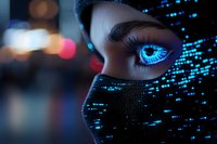 Close-up of glowing blue cybernetic eye with digital code reflection wearing black face mask against dark background with bokeh lights. Futuristic concept.