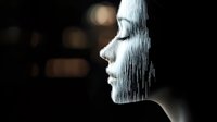Side profile portrait of young Caucasian woman with closed eyes and peaceful expression against dark background with glitch effect and digital distortion creating artistic mood.