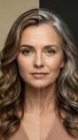 Split screen portrait showing aging process of Caucasian woman with wavy brown hair, demonstrating skincare transformation from young to mature appearance.