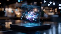 Glowing cosmic nebula hologram in transparent cube display on dark surface with bokeh lights background creates futuristic sci-fi atmosphere.