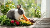 Adorable gray and white rabbit eating fresh carrot surrounded by colorful vegetables on rustic wooden table. Farm fresh produce harvest concept.