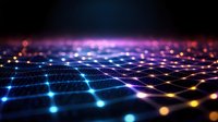 Abstract digital network landscape with glowing nodes and connections in blue, orange and purple colors against dark background, representing technology grid.