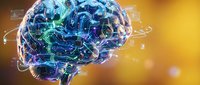 Digital brain with glowing neural networks and circuit patterns on warm golden background for artificial intelligence and technology concepts.