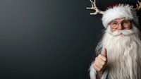 Cheerful Santa Claus with long white beard and glasses showing thumbs up against dark background. Space for text on left side.