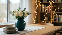 Elegant white roses in teal vase on wooden dining table with warm bokeh lights creating cozy home atmosphere for interior design and lifestyle content.