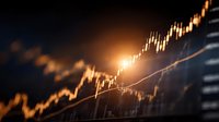 Financial market growth chart with glowing candlestick patterns and upward trending data visualization for investment analysis and trading strategies.