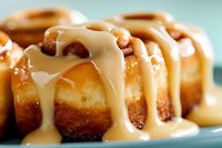 Fresh baked cinnamon rolls with creamy vanilla glaze dripping down golden brown pastry swirls on light blue plate for breakfast bakery menu design.