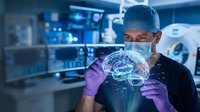 Medical professional examining holographic brain scan in modern hospital operating room with advanced technology and surgical equipment.