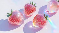 Fresh strawberries with iridescent soap bubbles on pastel background creating dreamy summer fruit composition with rainbow reflections and soft shadows.
