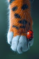 Artistic macro photography of a fox paw with a small ladybug perched on white fur, creating a magical nature moment against dark green background. Perfect for wildlife magazines or nature blogs.