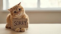 Adorable orange tabby kitten with apologetic expression holding cardboard sorry sign, sitting on wooden floor near bright window for pet humor concepts.