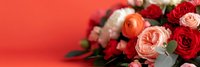 Elegant bouquet of red and pink roses arranged on vibrant coral background for romantic occasions, Valentine's Day celebrations and floral design projects.