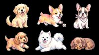 Cute dog breeds collection featuring golden retriever, corgi, french bulldog, dachshund, samoyed, and chocolate lab. Isolated on transparent background, ready for t-shirts, stickers, clipart, and print-on-demand designs.
