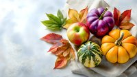 Colorful autumn harvest with red apple, purple and orange pumpkins, decorative squash, and vibrant fall leaves on linen cloth against light background.
