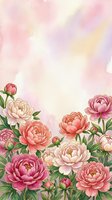 Watercolor peony garden border with pink and cream blooms on a soft pastel background, perfect for cards, invitations, and wall art.