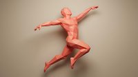Abstract coral polygonal human figure in dynamic running pose with geometric low poly design for modern digital art and athletic concepts.