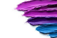 Vibrant smeared cosmetic texture in pink, purple and blue gradient shades on white background, makeup product swatches for beauty and fashion design.