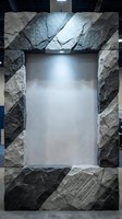 Stone frame with blank white interior space, featuring textured slate and granite borders arranged in geometric pattern. Suitable for product displays, advertising mockups, and design templates.