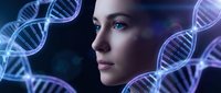 Woman with glowing DNA helixes in futuristic digital environment, representing genetic research, biotechnology, and scientific innovation for medical and tech projects.