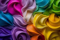 Colorful folded fabric swatches arranged in rainbow spectrum pattern showing vibrant textile texture and flowing curves creates abstract artistic composition.