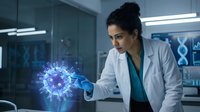 Young Hispanic female scientist examining holographic virus model in modern laboratory for medical research and biotechnology studies.