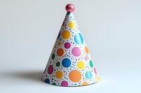 Festive party cone hat with colorful polka dot pattern on white background, featuring pink pom-pom top. Isolated celebration accessory for birthday designs.