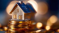 Small house model sitting on stack of golden coins with warm bokeh lights background representing real estate investment and property savings concept.