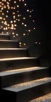 Dark staircase illuminated by warm golden bokeh lights creating magical atmosphere for luxury interior design or holiday decoration.