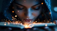 Young woman reading magical glowing book with sparkles and light effects in dark atmosphere, face illuminated by mystical warm bokeh lights and ethereal blue glow.